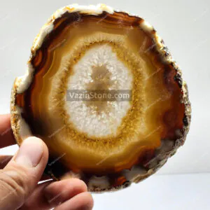 Round cream brown agate in hand